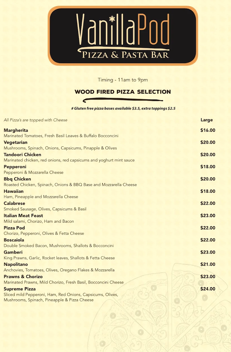 Menu, Vanilla Pod Pizza & Pasta Bar