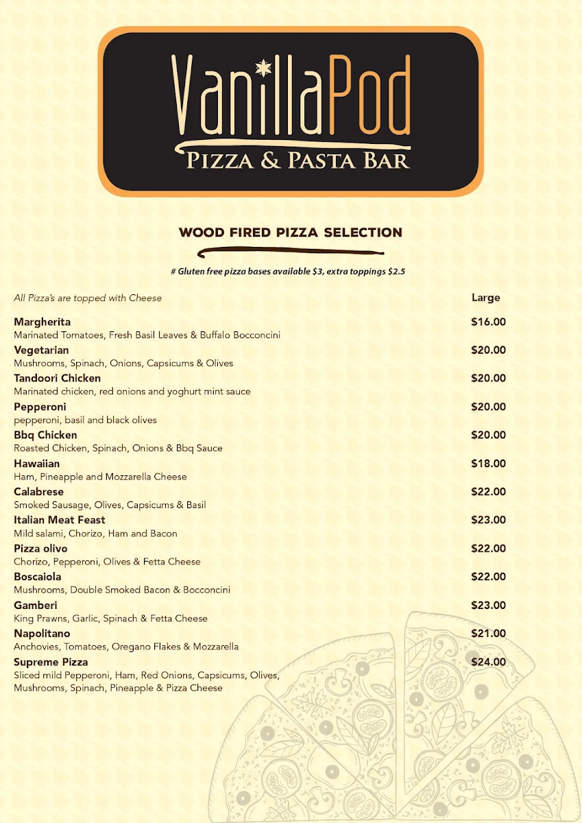 Menu, Vanilla Pod Pizza & Pasta Bar