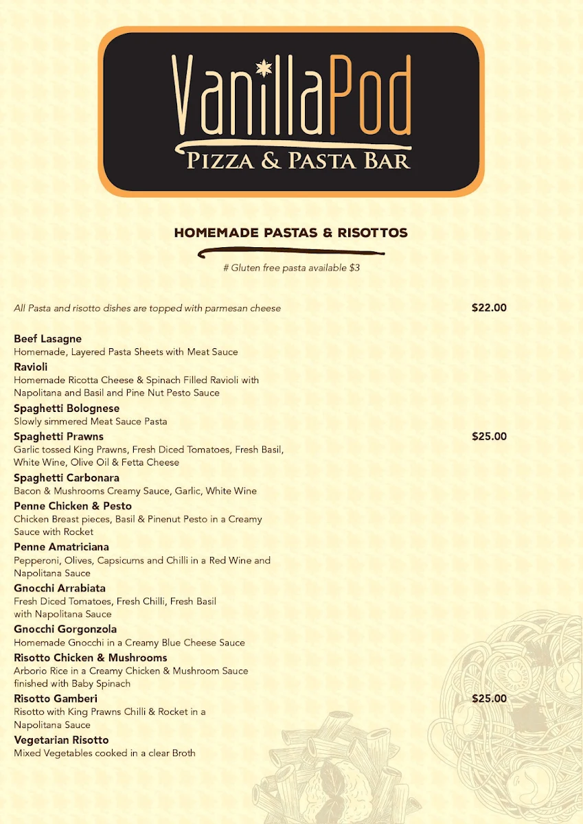 Menu, Vanilla Pod Pizza & Pasta Bar