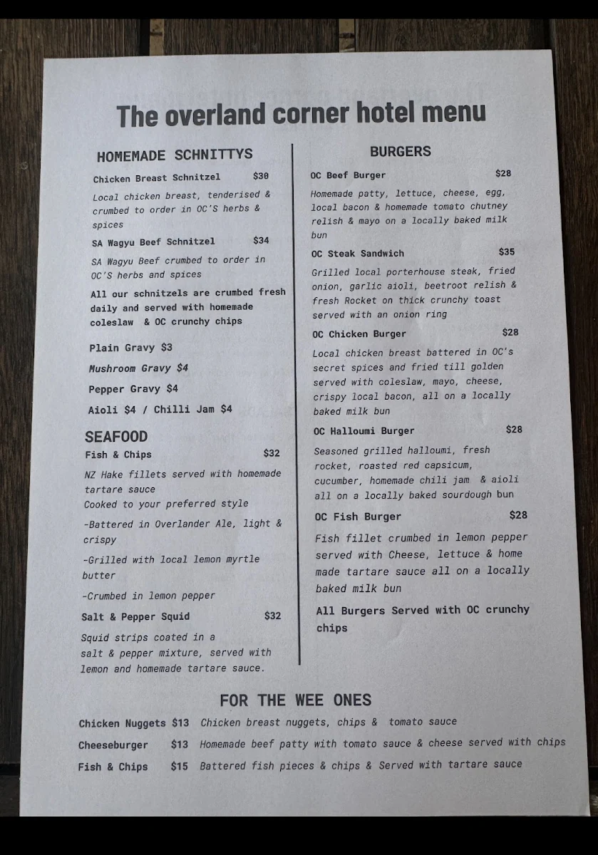 Menu, Overland Corner Hotel