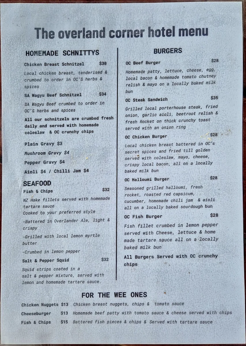 Menu, Overland Corner Hotel