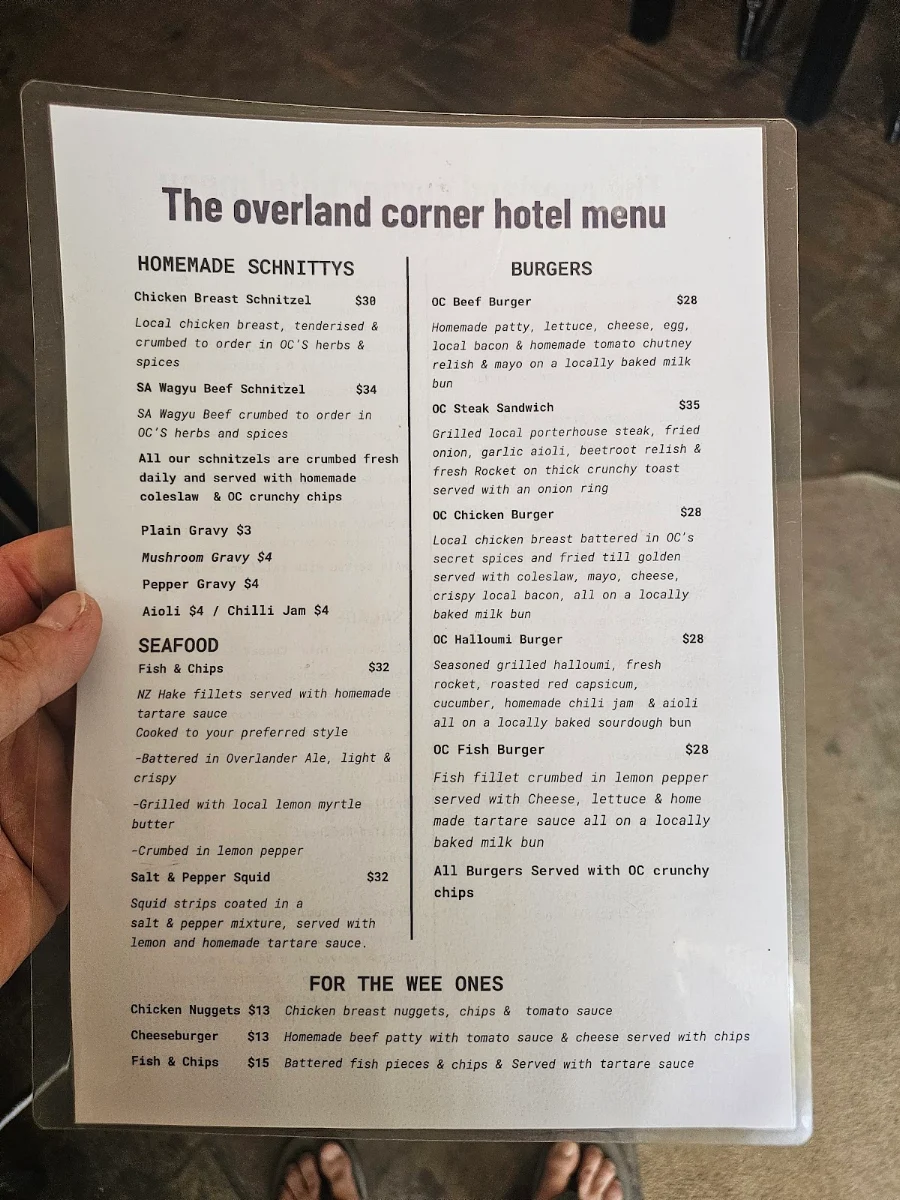 Menu, Overland Corner Hotel