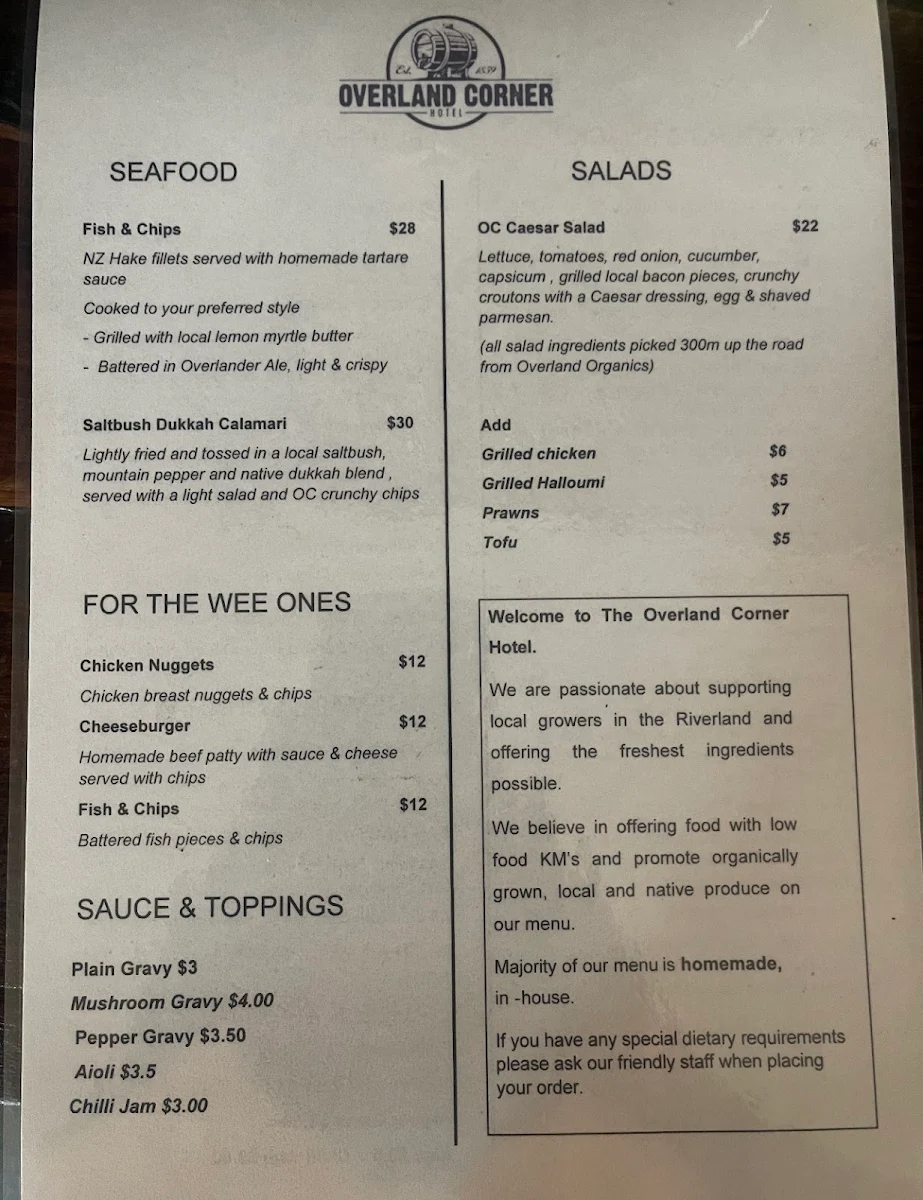 Menu, Overland Corner Hotel