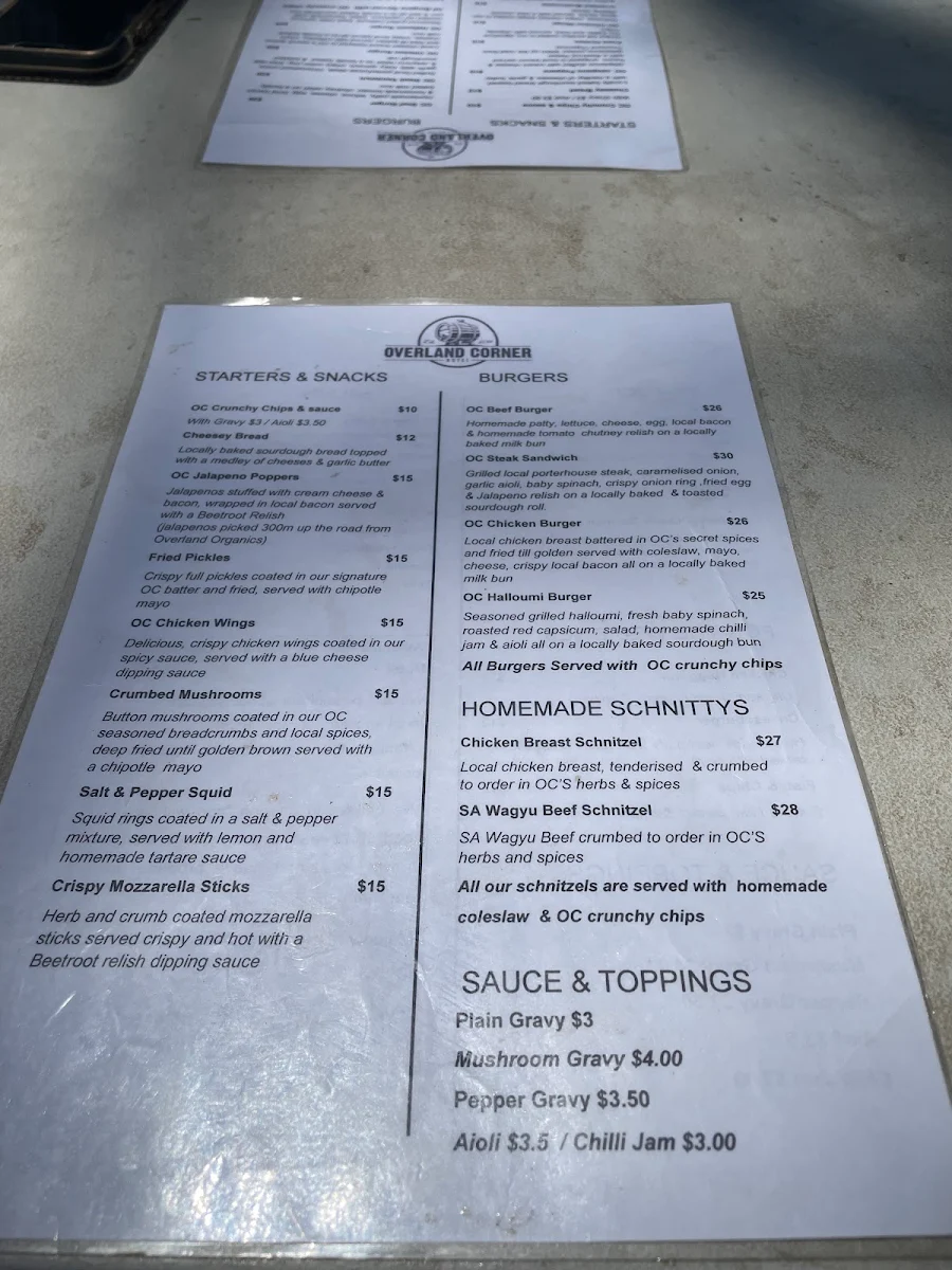 Menu, Overland Corner Hotel