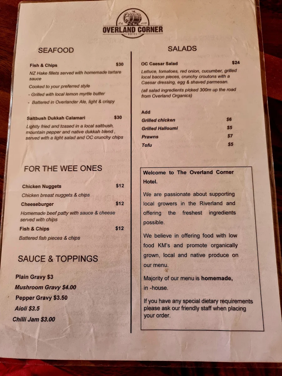 Menu, Overland Corner Hotel