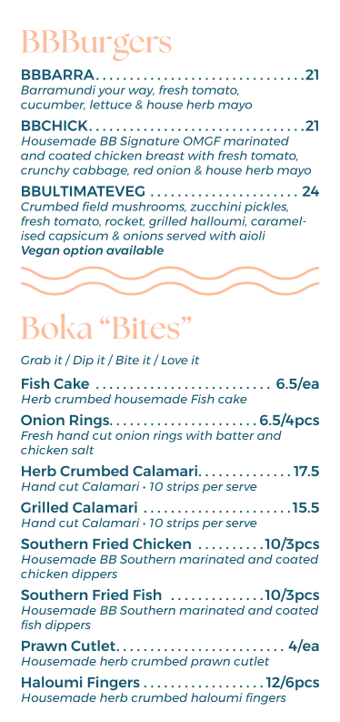 Menu, Boka Bites