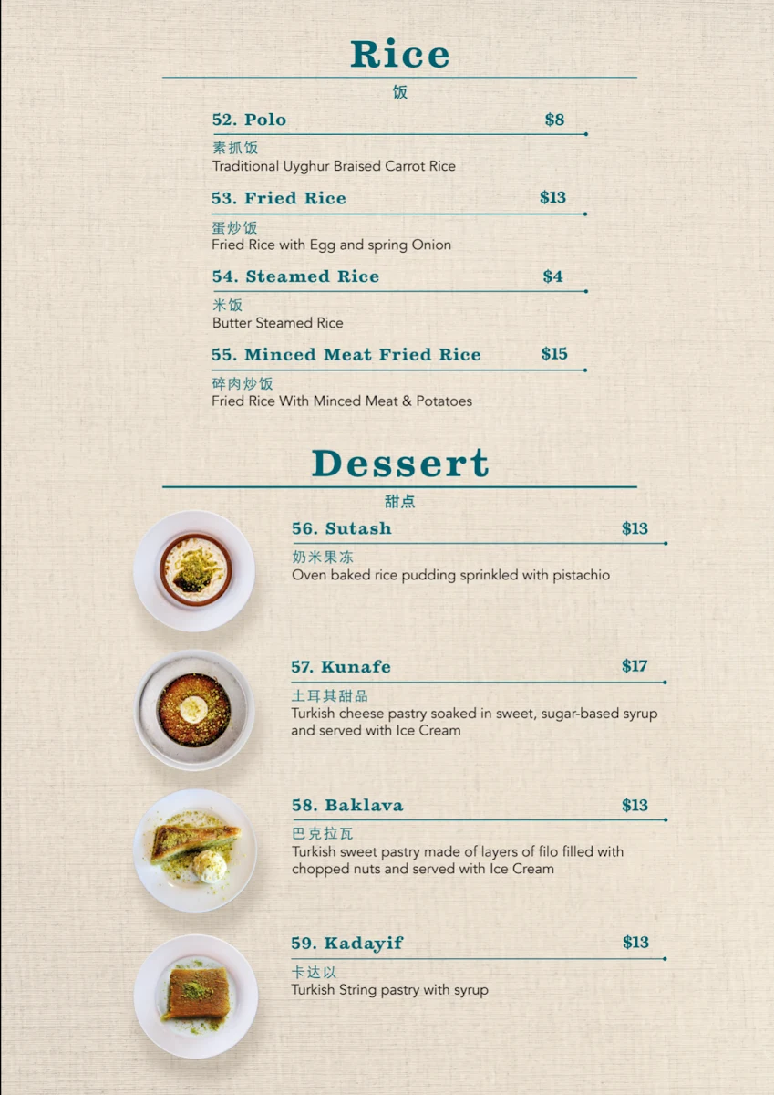 Menu, Silk Road Uyghur Cuisine
