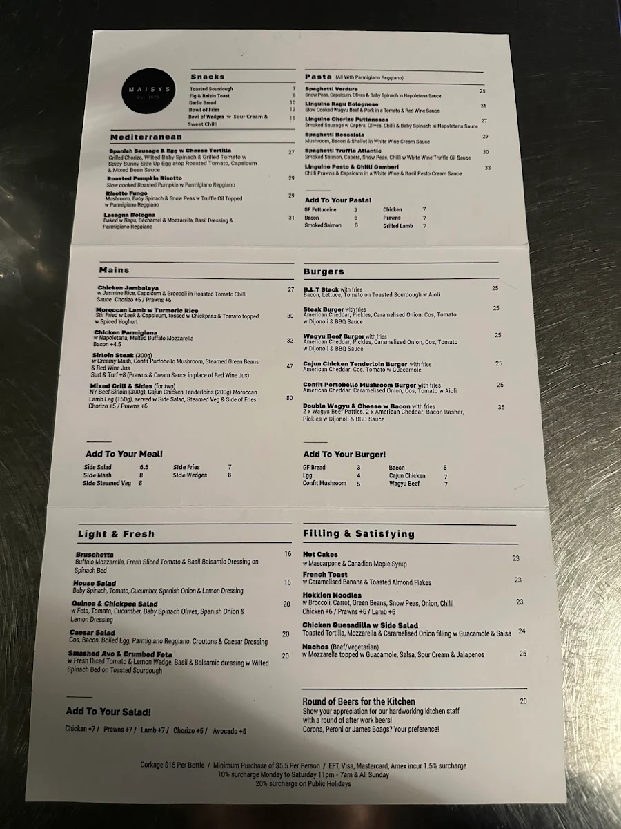 Menu, Maisys - Restaurant & Cafe