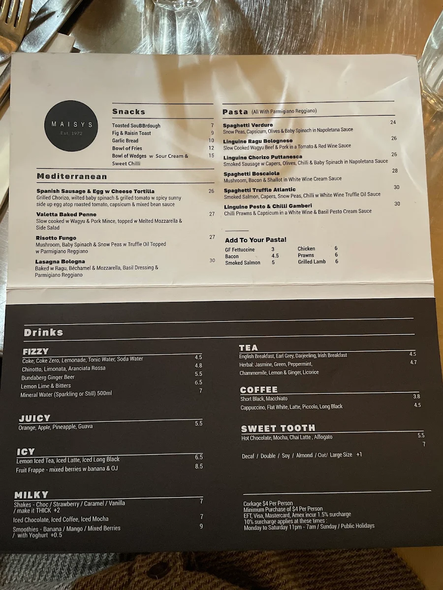 Menu, Maisys - Restaurant & Cafe