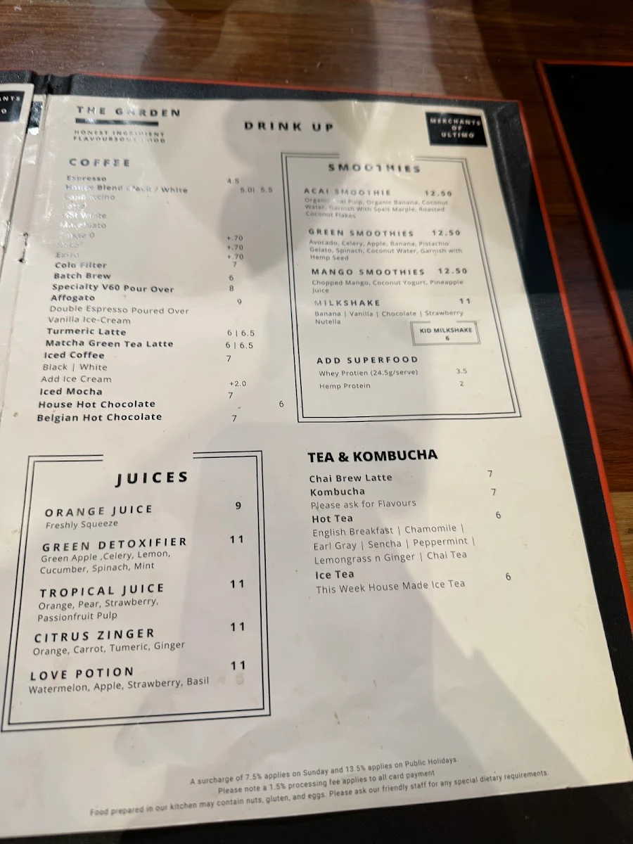 Menu, The Gardens Australia, Broadway.