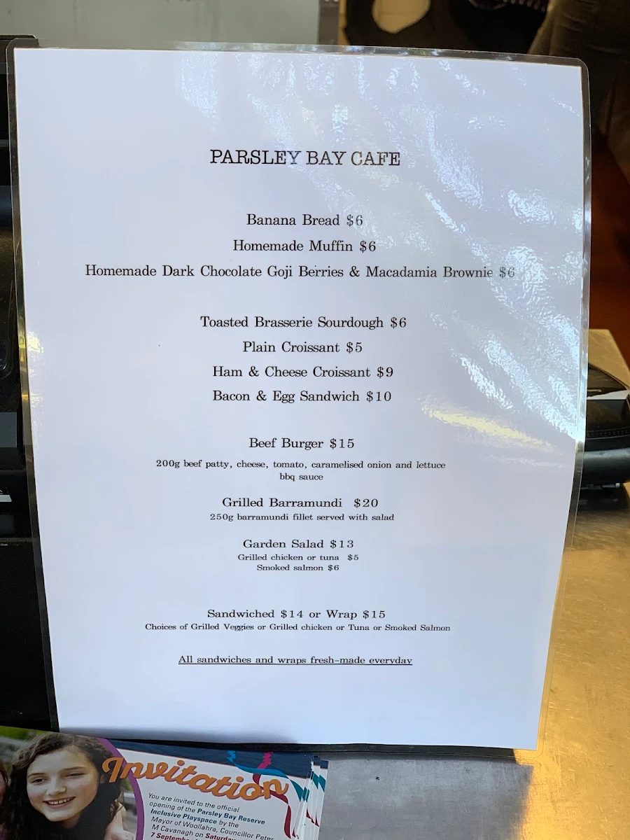 Menu, Parsley Bay Cafe Kiosk