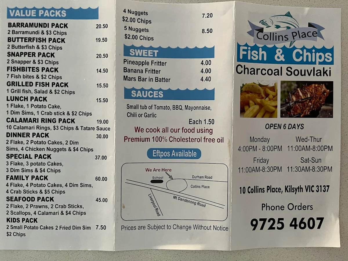 Menu, Collins Place Fish & Chips