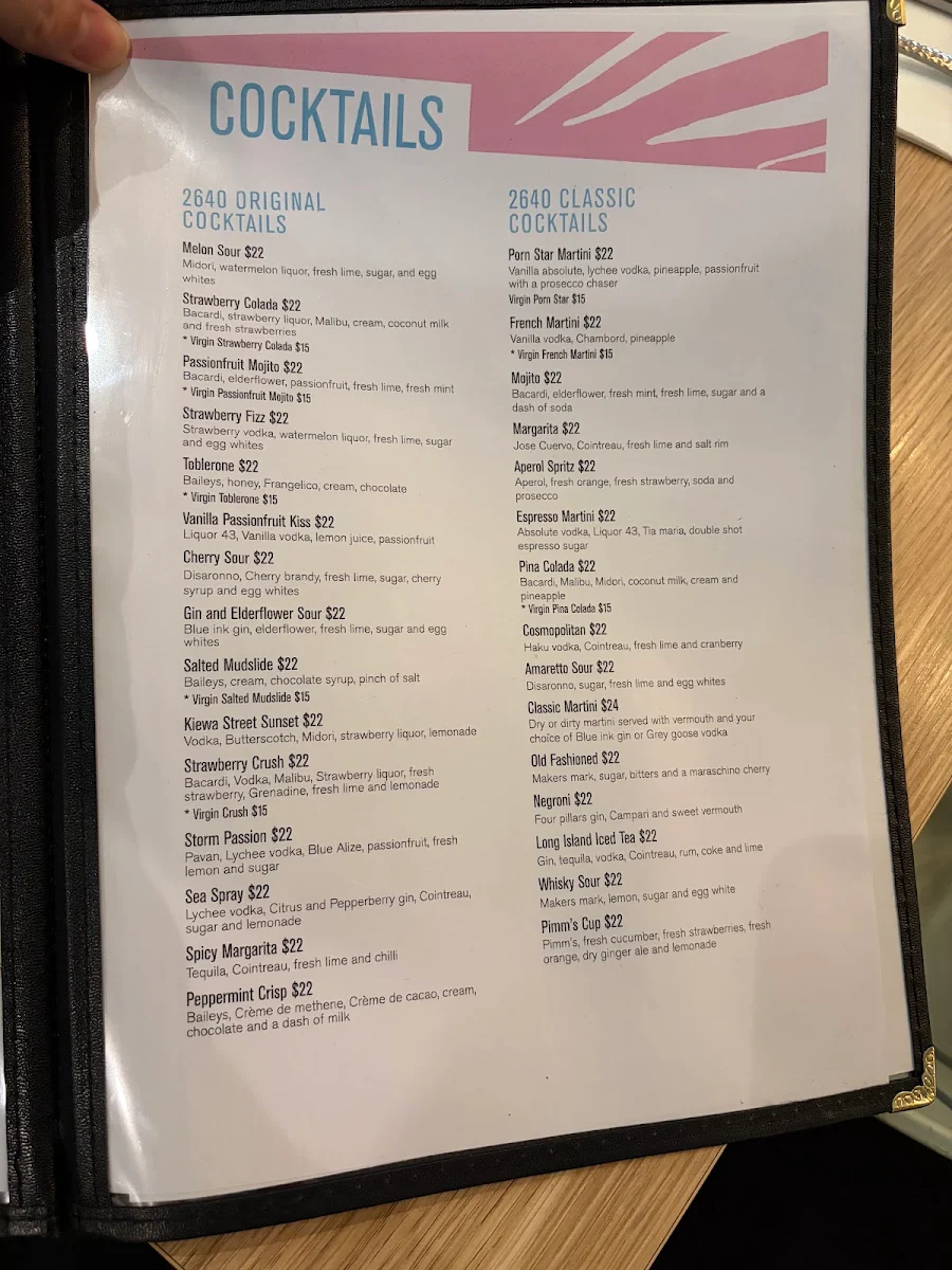 Menu, 2640 Restaurant and Bar