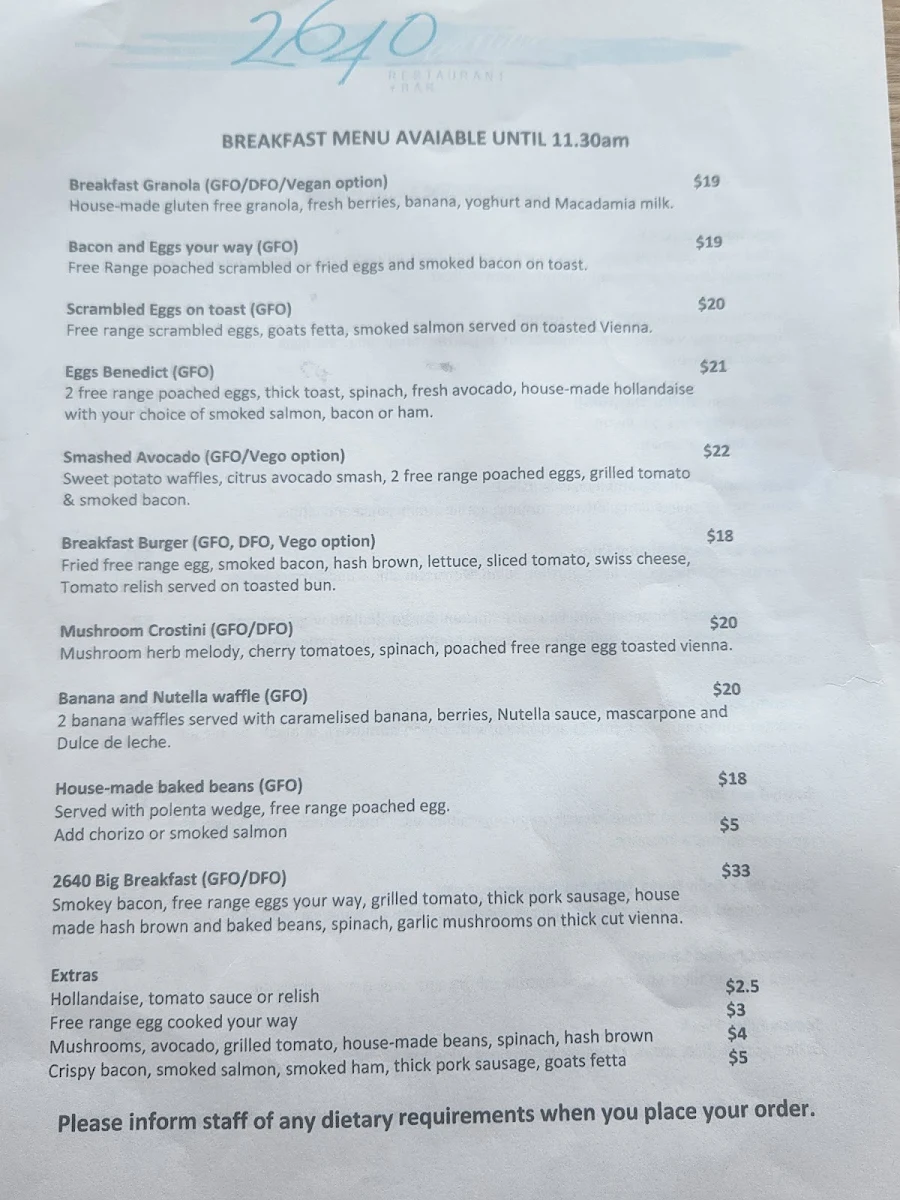 Menu, 2640 Restaurant and Bar