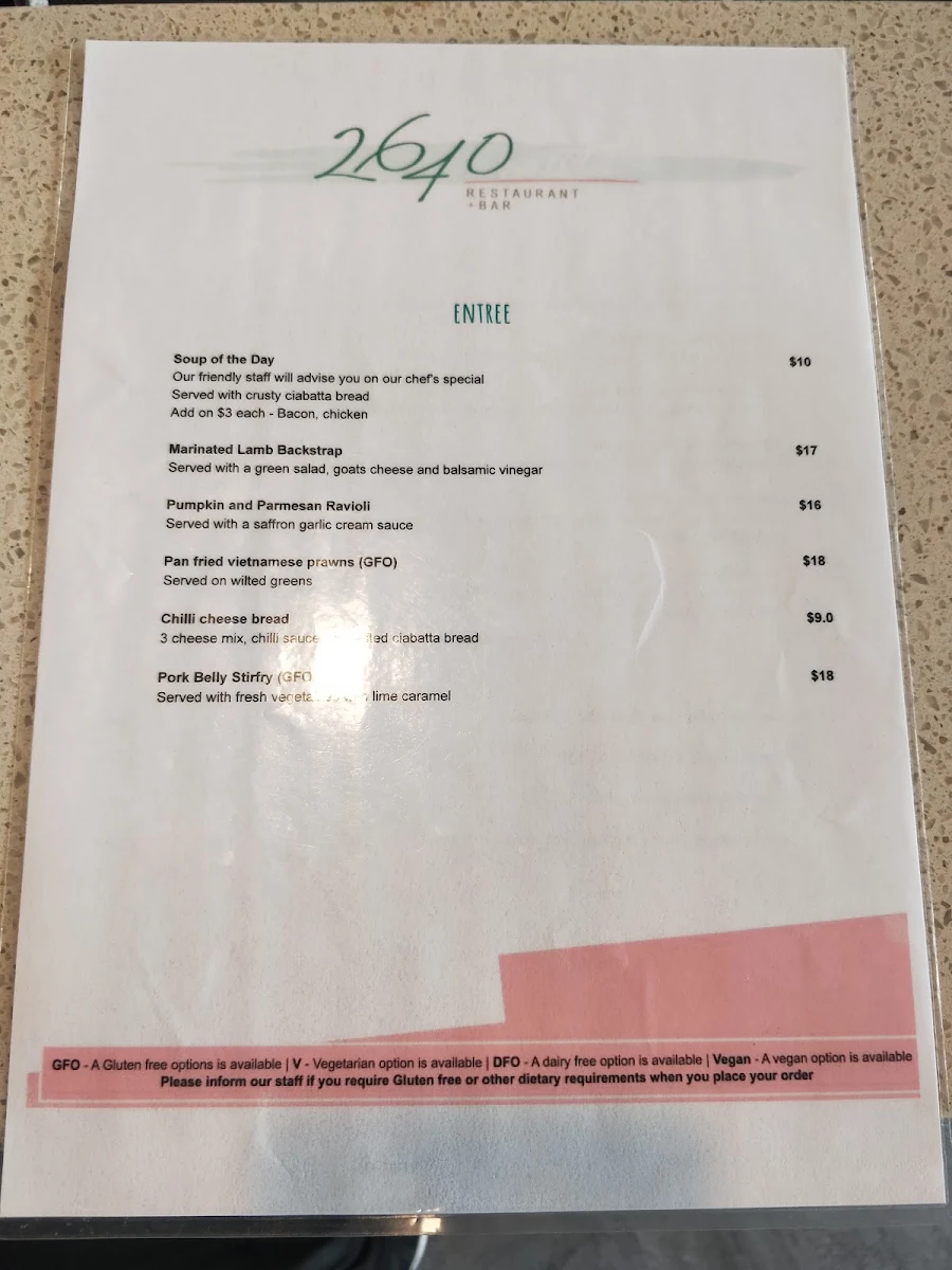 Menu, 2640 Restaurant and Bar