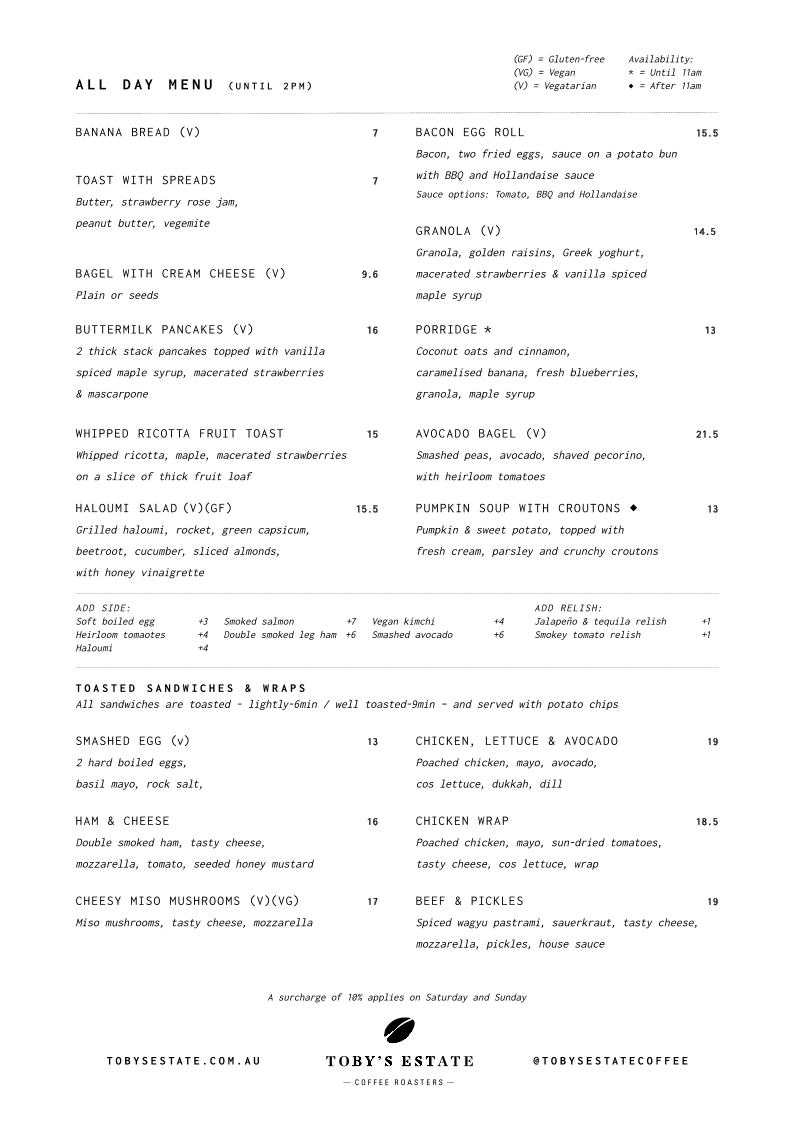 Menu, Toby's Estate Coffee Roasters