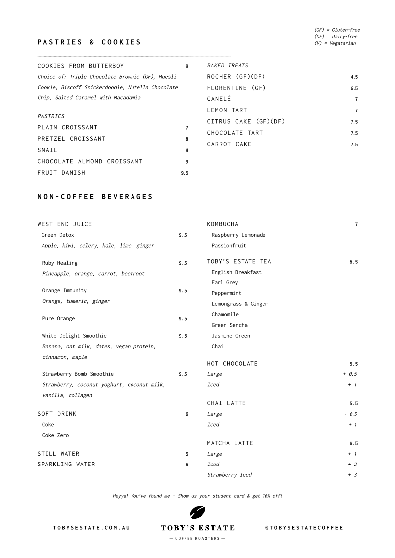 Menu, Toby's Estate Coffee Roasters