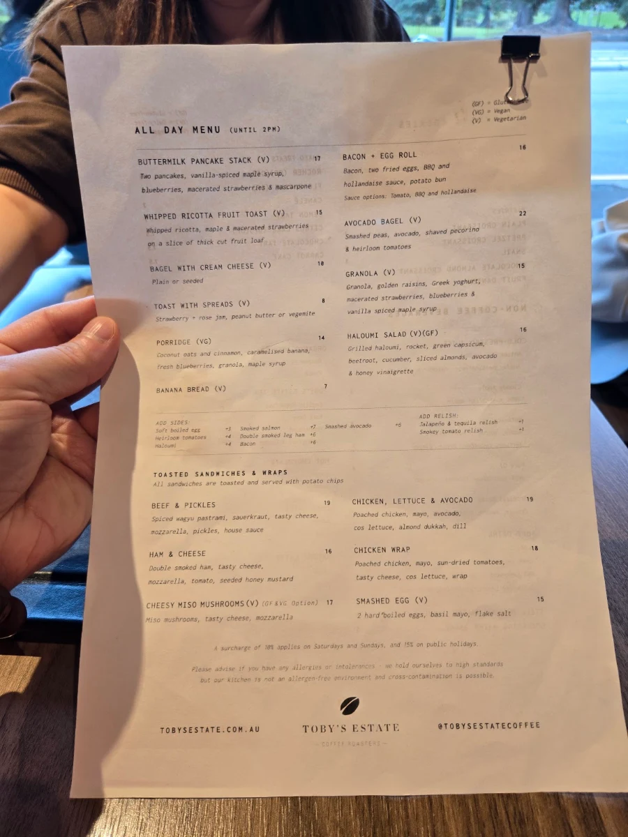 Menu, Toby's Estate Coffee Roasters