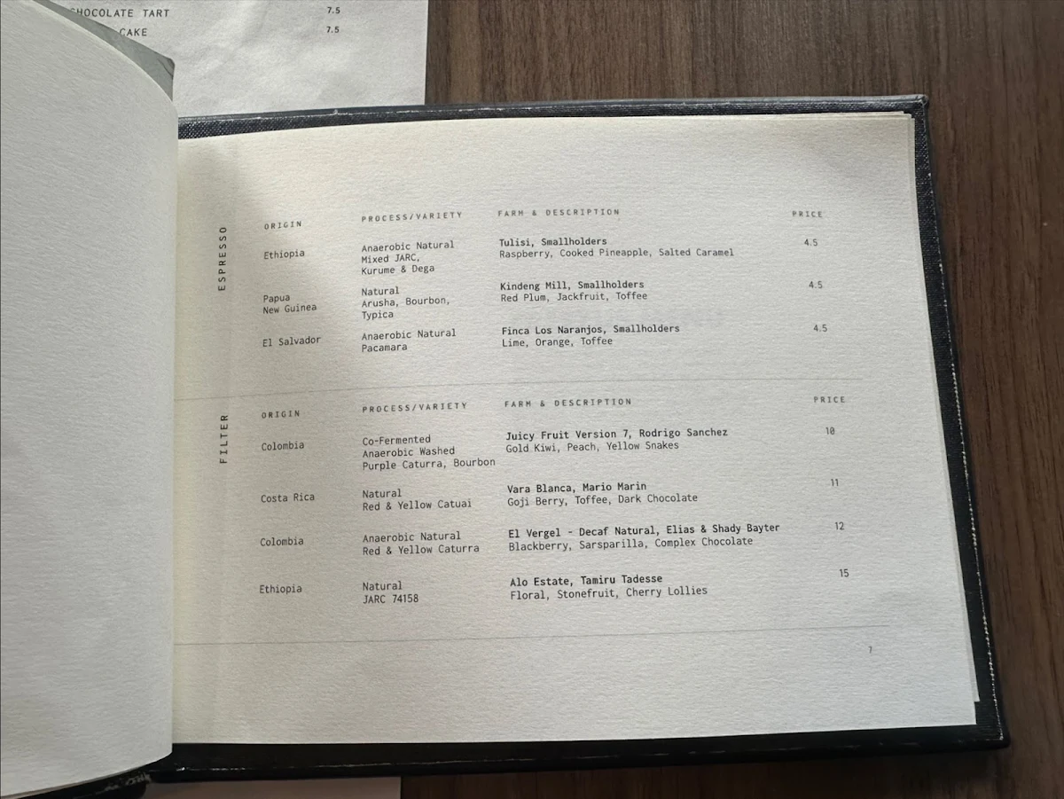 Menu, Toby's Estate Coffee Roasters