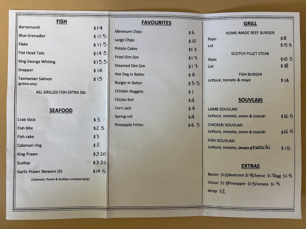 Menu, King George's Seafood & Oysters PTY LTD