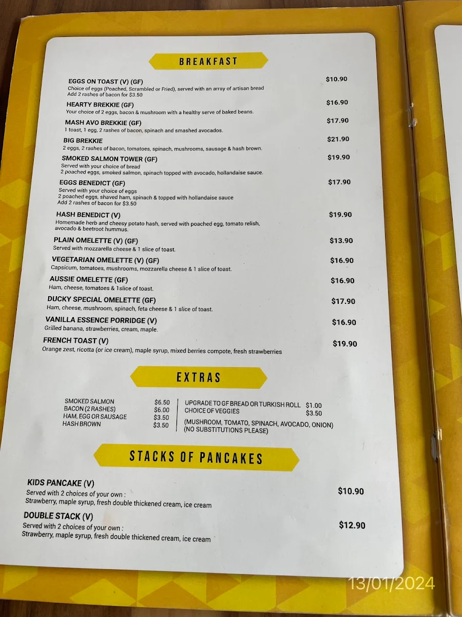 Menu, Ducky In The Field Cafe