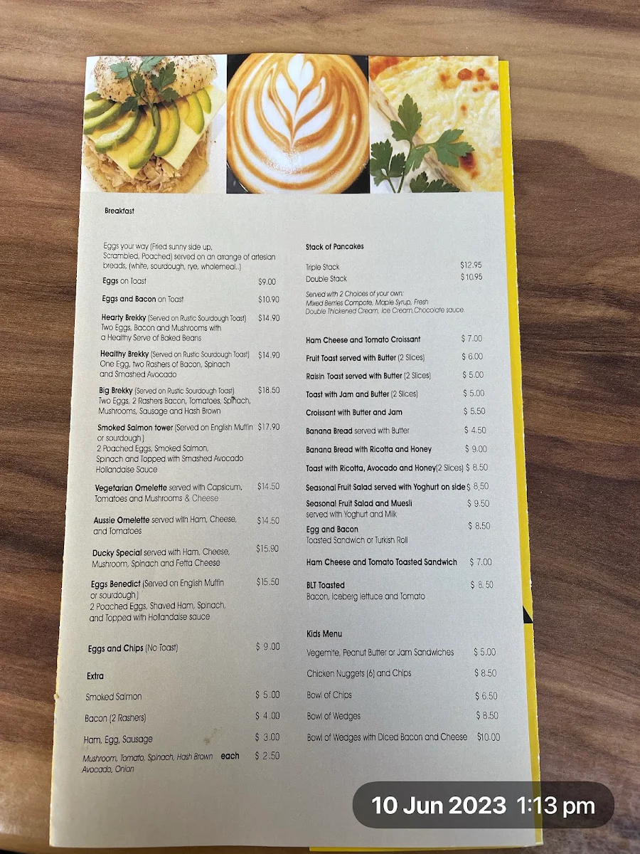 Menu, Ducky In The Field Cafe