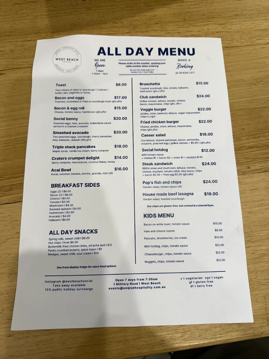 Menu, West Beach Social