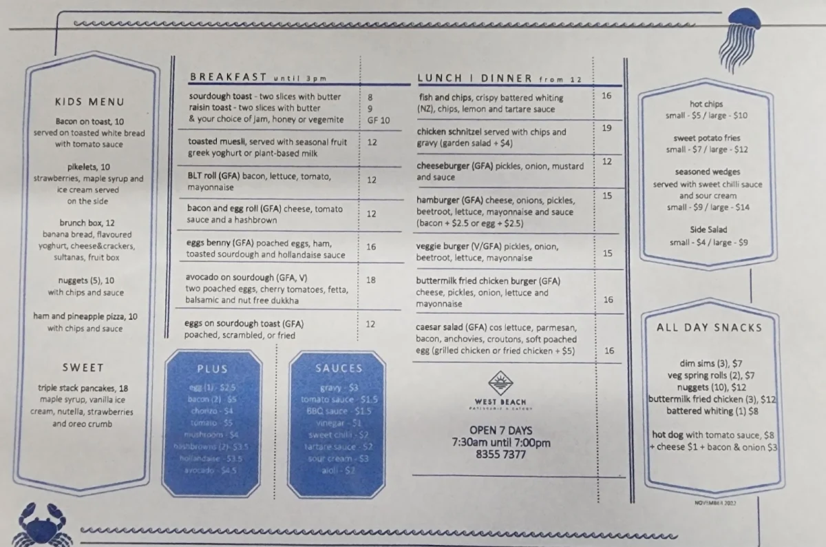 Menu, West Beach Social