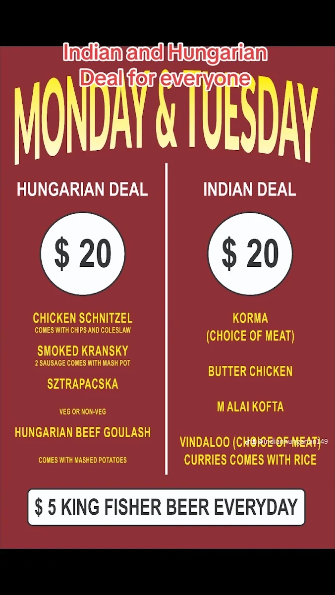 Menu, Diamond Indian & Hungarian Cuisine
