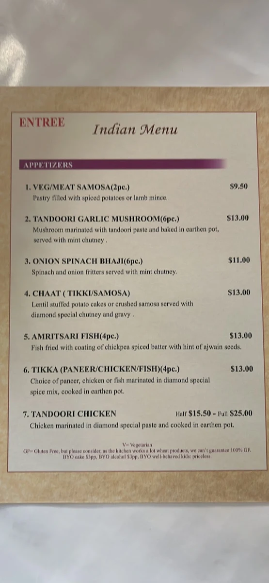 Menu, Diamond Indian & Hungarian Cuisine