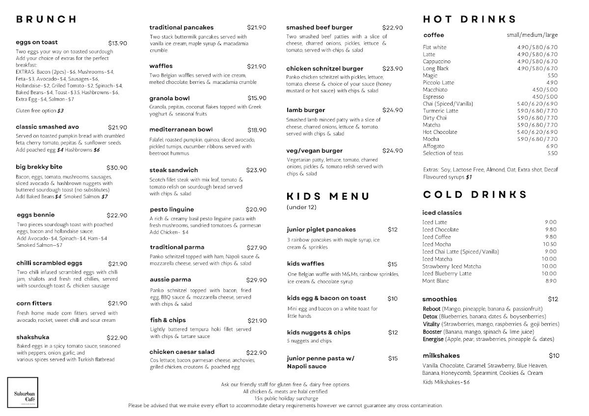 Menu, Suburban Cafe