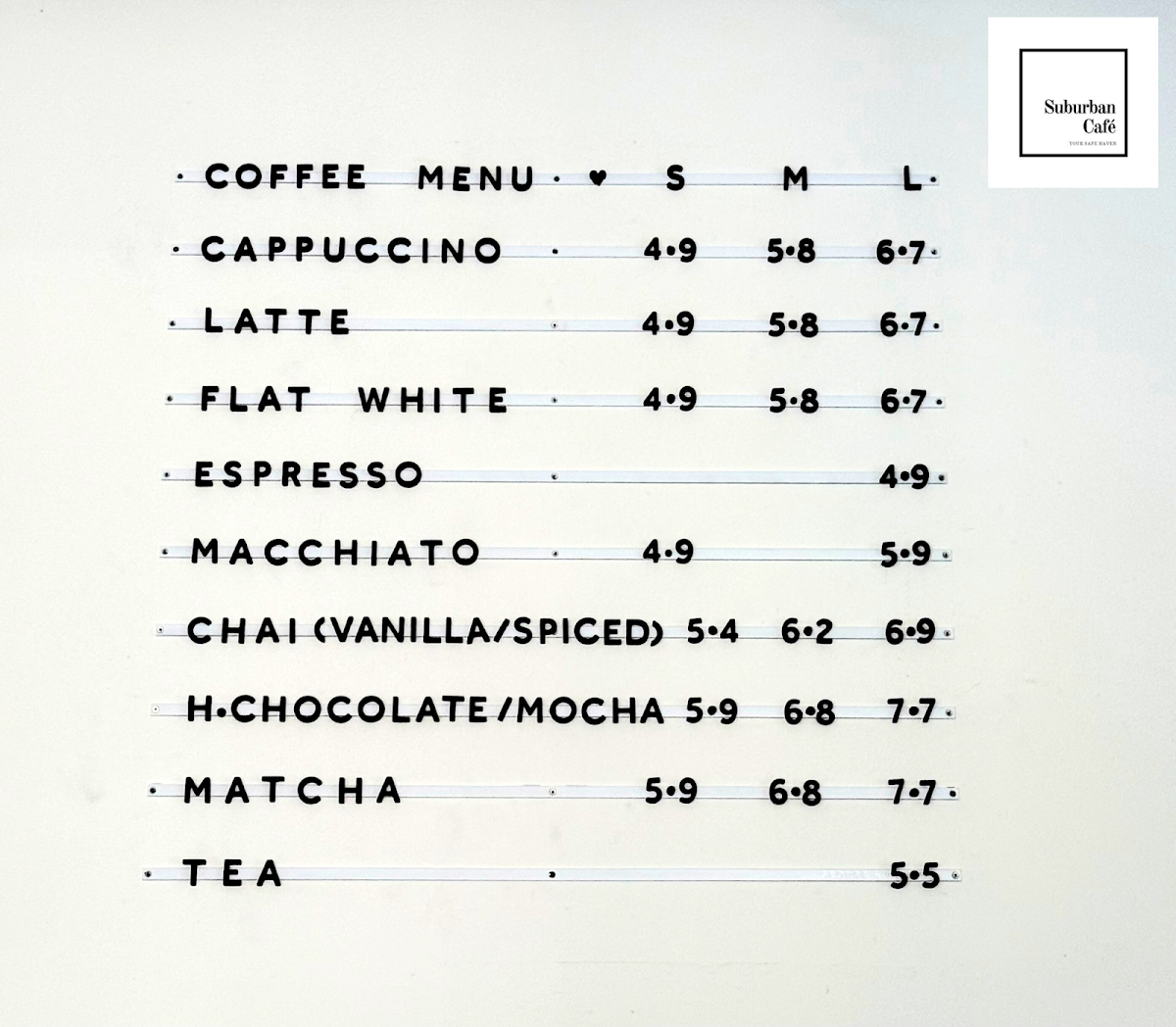 Menu, Suburban Cafe