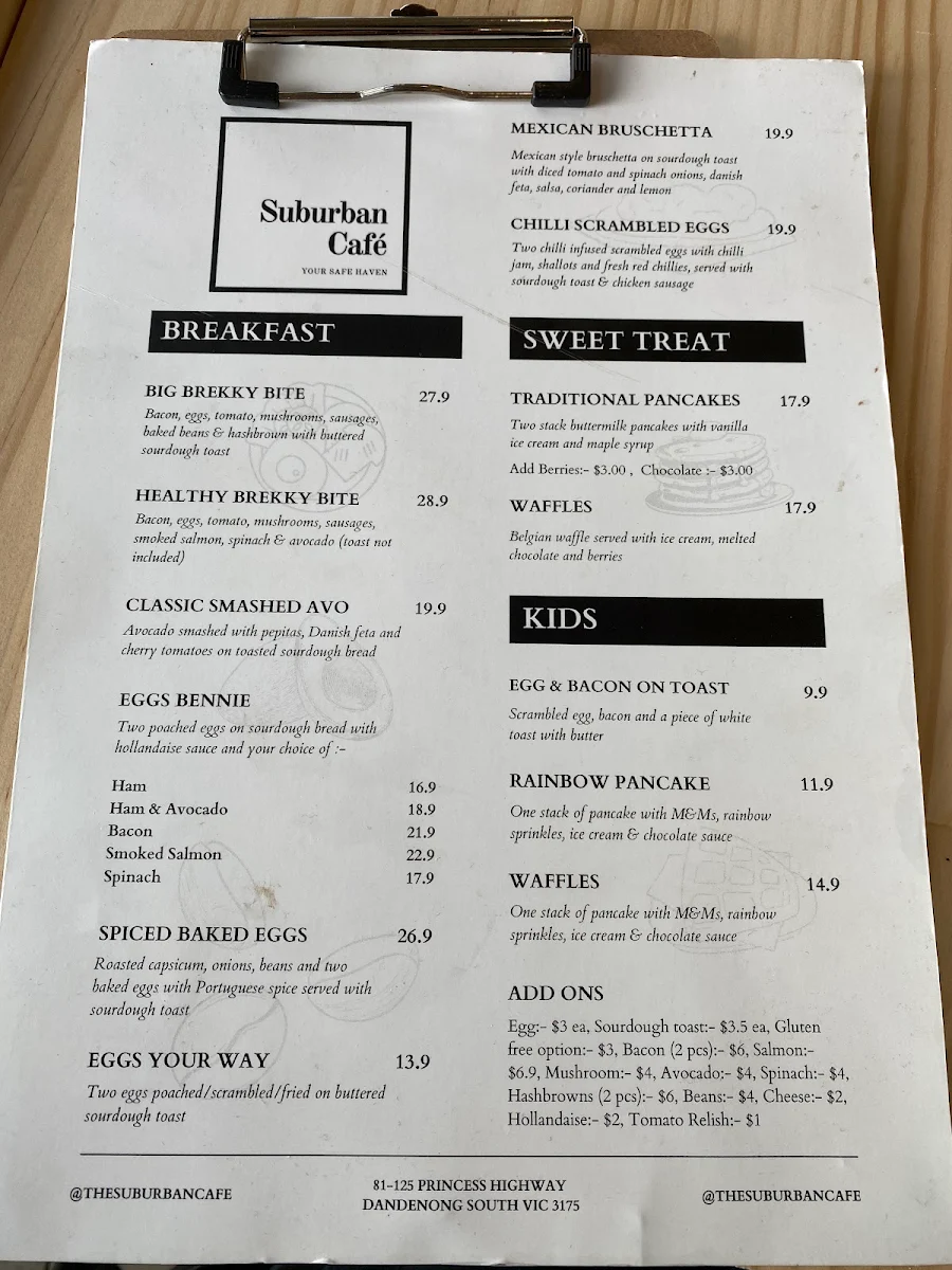 Menu, Suburban Cafe