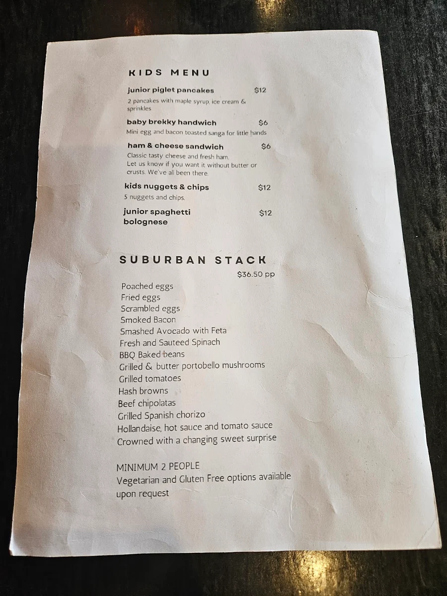 Menu, Suburban Cafe