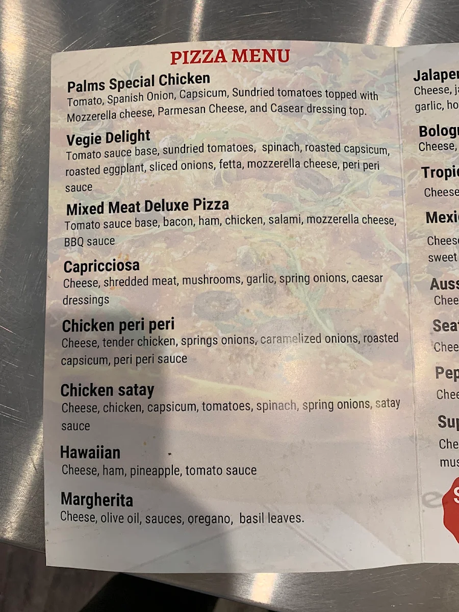 Menu, Palms Restaurant