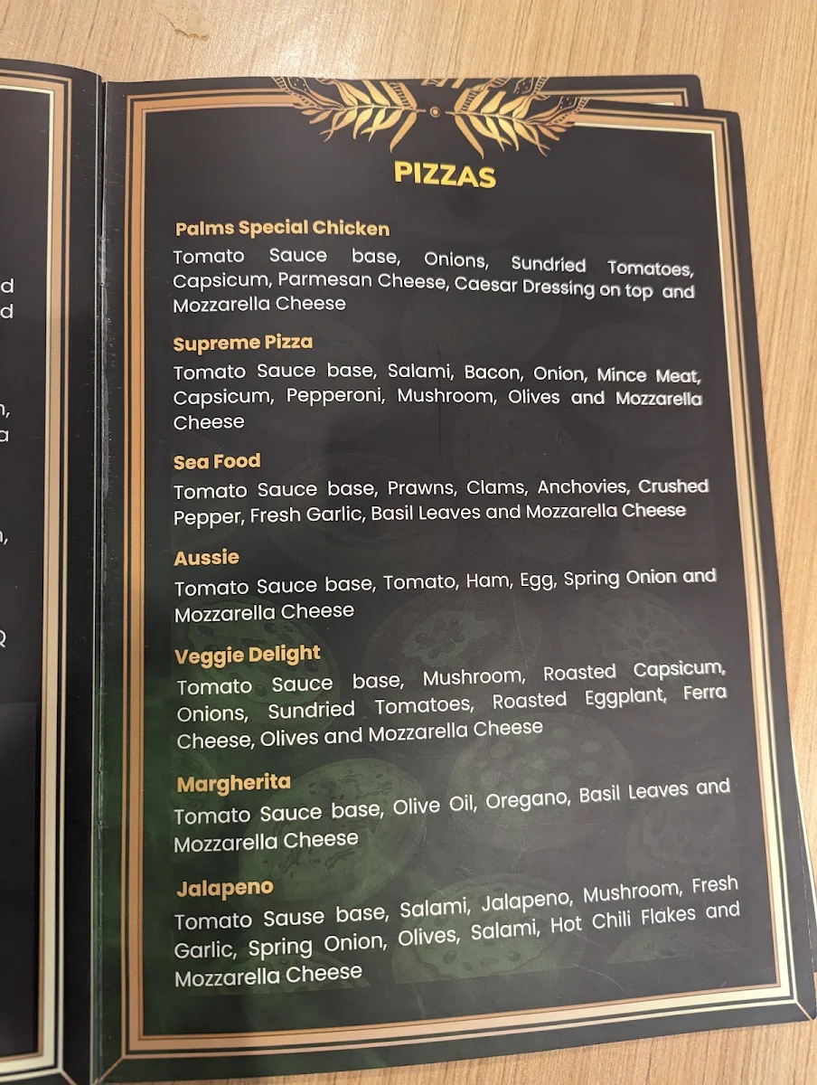 Menu, Palms Restaurant