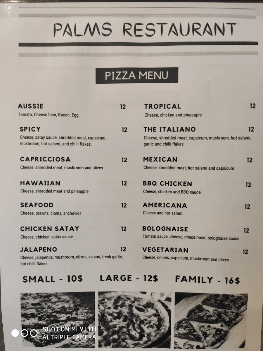 Menu, Palms Restaurant
