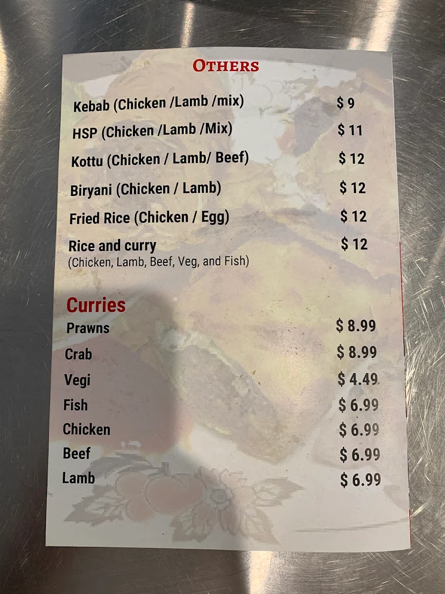 Menu, Palms Restaurant