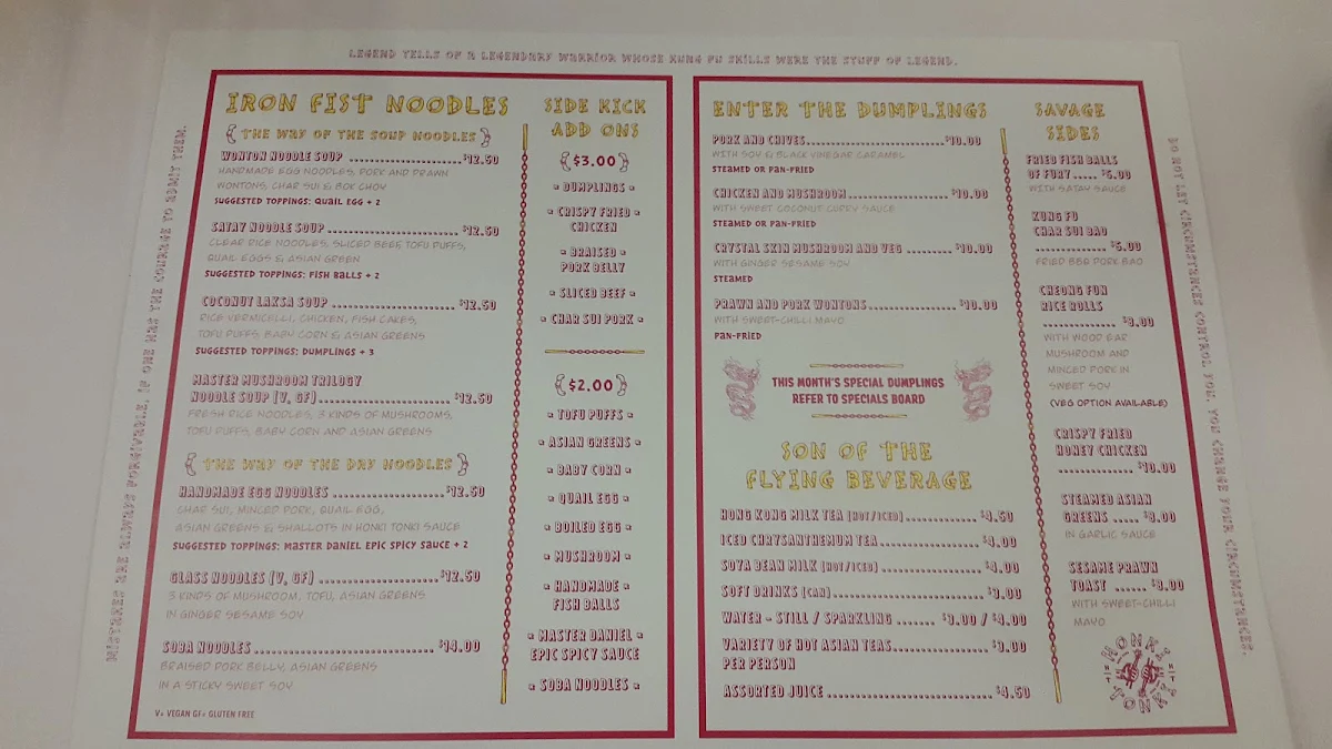 Menu, Honki Tonki Hindley Street