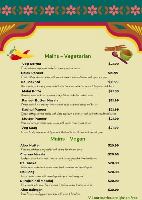 Menu, Masala Darbaar (Indian Restaurant)