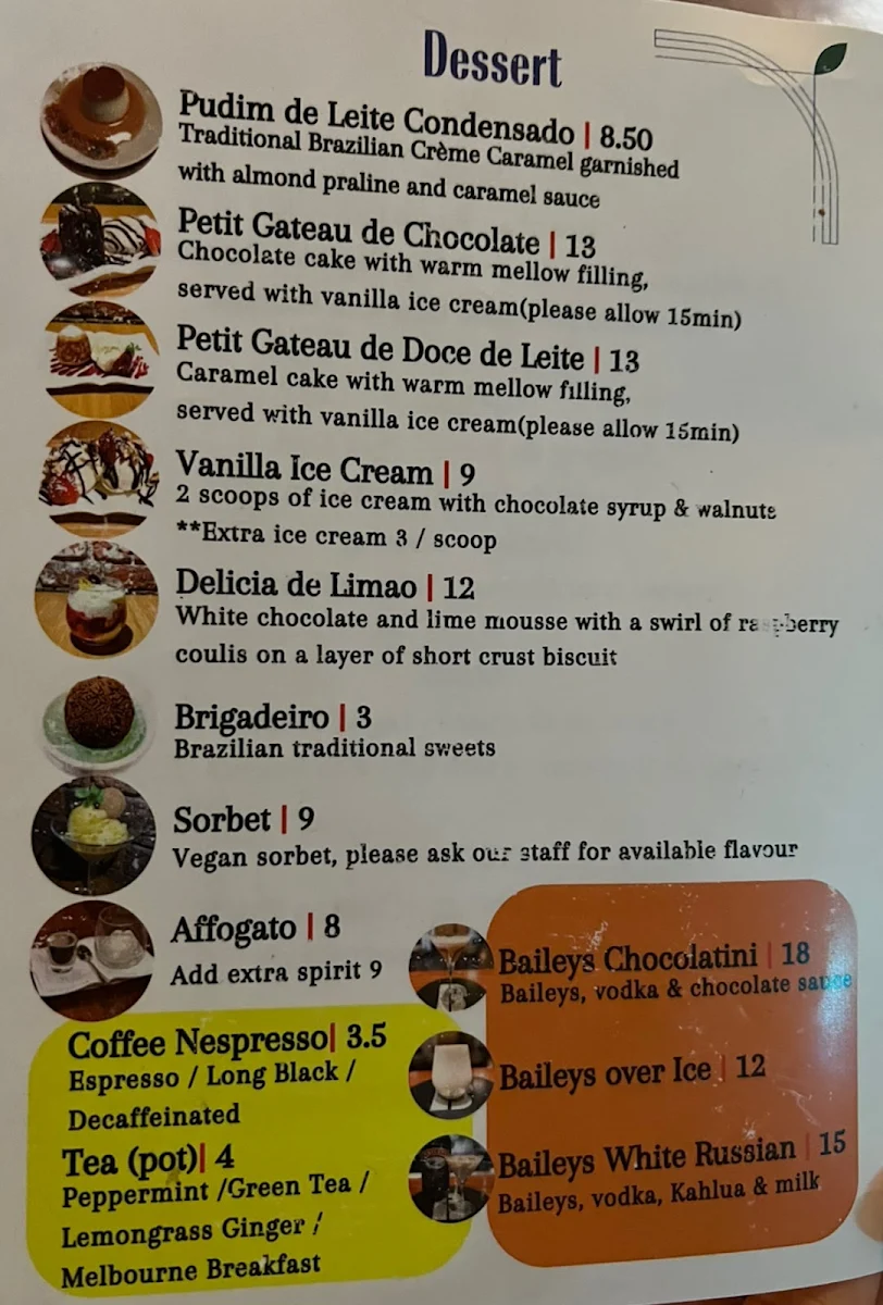 Menu, B'Churrasco Brazilian BBQ Restaurant Melbourne