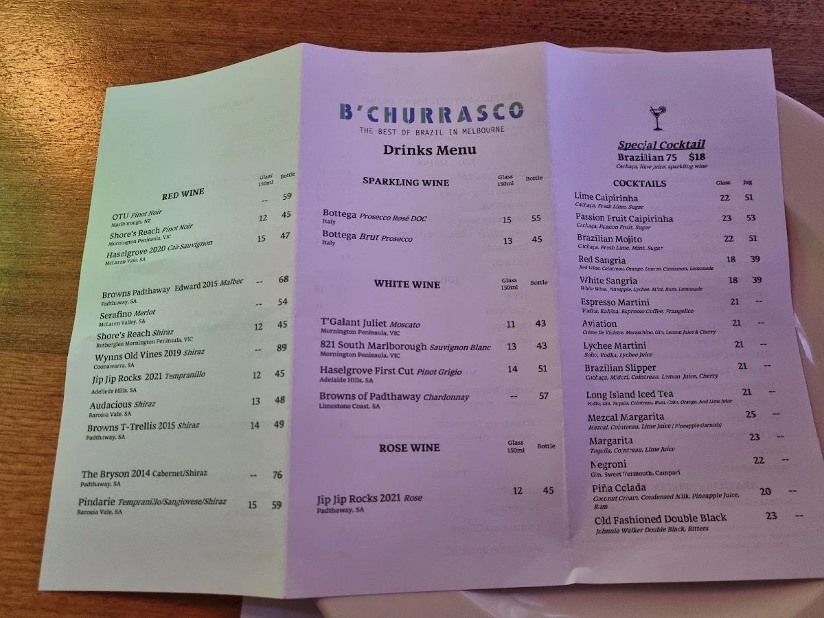 Menu, B'Churrasco Brazilian BBQ Restaurant Melbourne