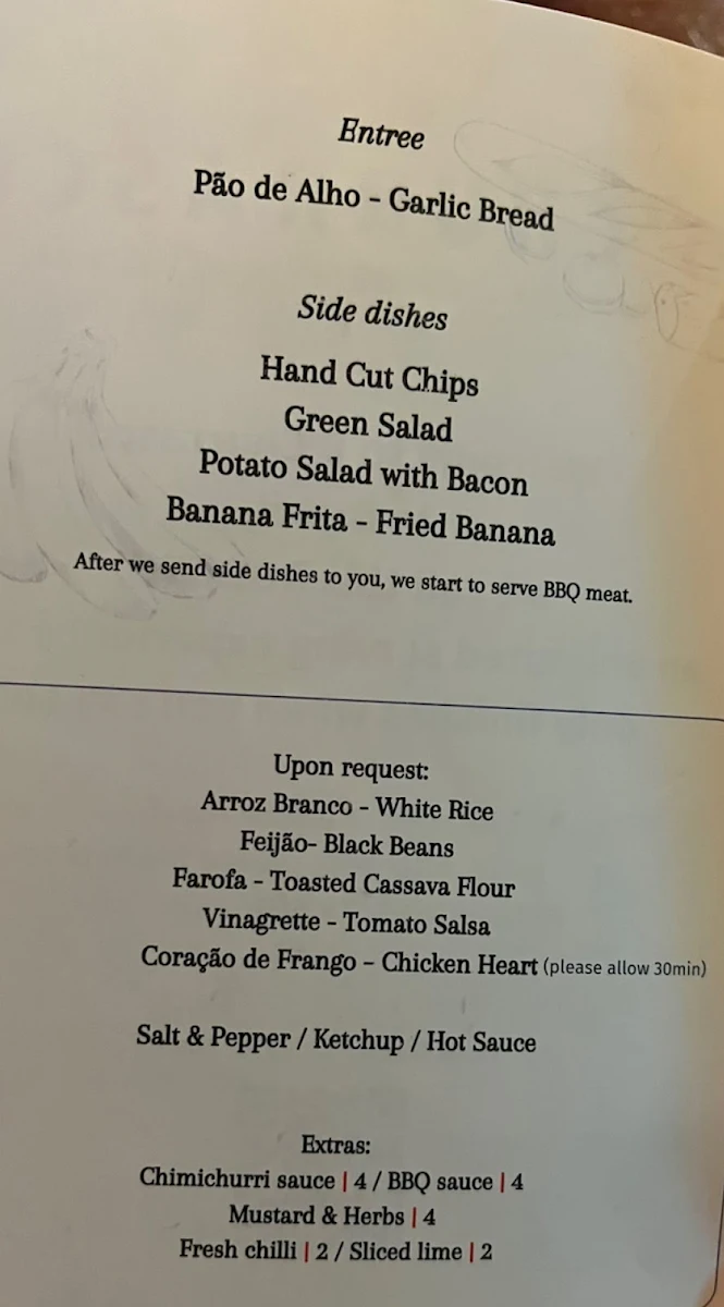 Menu, B'Churrasco Brazilian BBQ Restaurant Melbourne