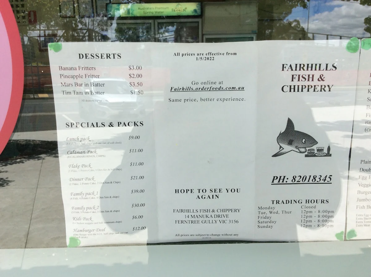 Menu, Fairhills Fish & Chippery