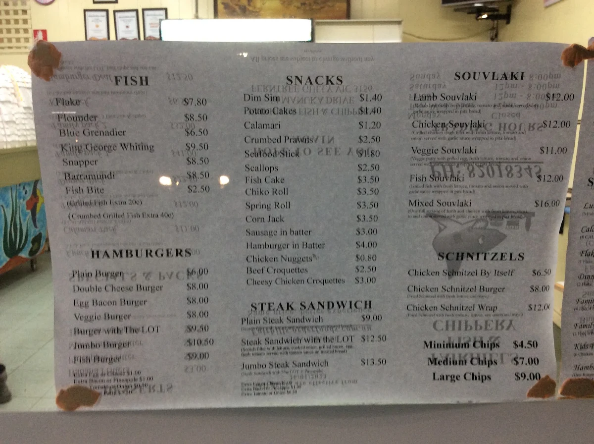 Menu, Fairhills Fish & Chippery