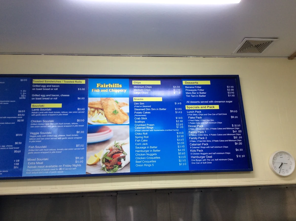 Menu, Fairhills Fish & Chippery