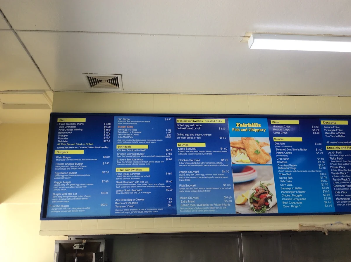 Menu, Fairhills Fish & Chippery