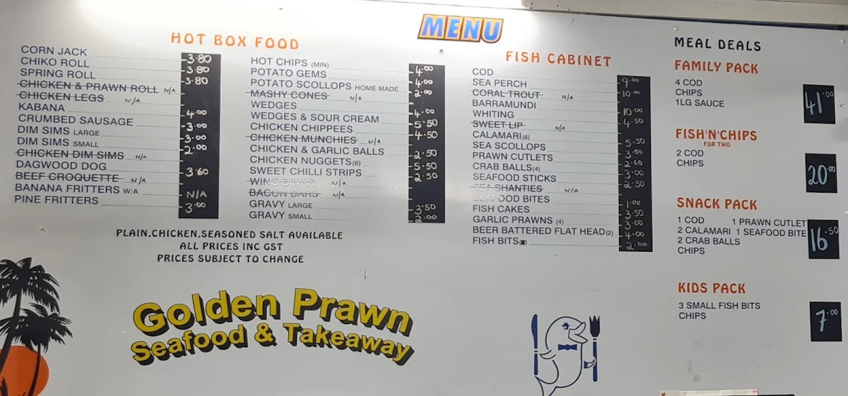 Menu, Golden Prawn Seafood and Takeaway