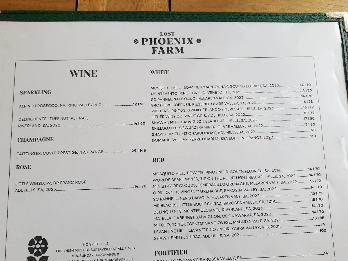 Menu, Lost Phoenix Farm