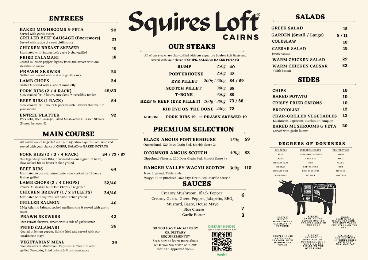 Menu, Squires Loft Cairns